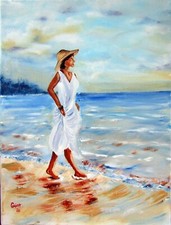 Beach Woman Lady scene walk - Original Irish Oil Painting by Artist CORINA HOGAN