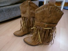 LADIES BROWN MID CALF FRINGED STUDDED COWBOY BOOTS SIZE 3 NEW