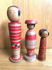 Japanese Kokeshi doll x3, hat, red stripes, vintage, wooden, signed, H15-9cm