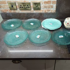 6 x Arcoroc France Aspen Teal Aqua Green Leaf Textured Glass Plates 24 cm dia.