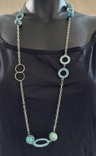 Viva Beads Necklace Chain Links Oval Silver tone Aqua Blue Clay 35" Long