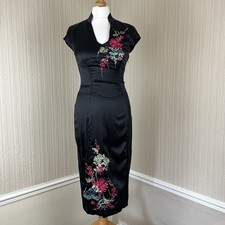 Karen Millen Black Silky Embroidered Floral Oriental Chinese Wiggle Dress UK 10