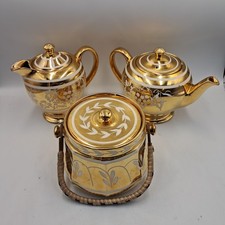 Sadler Teapot Set Gold White Made in England Floral Pot Jug Creamer Retro