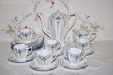 RARE Art Deco Coffee Set Shelley China Queen Anne Blue Iris Pot Jug 6 Cup Plate