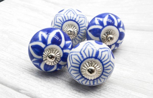 Blue ceramic knobs handpainted - ceramic,