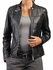 CLASSIC New Women's Black Collar Loop Jacket 100% Real Lambskin Moto BikerJacket