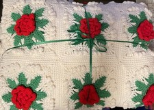Vintage Crocheted Granny Square Rose Large Size Afghan Bedspread 100” X 104”