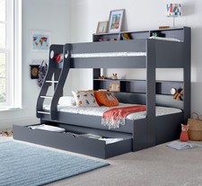 Kids Wooden Triple Sleeper Bunk Bed with Trundle, Storage Drawers & Shelves