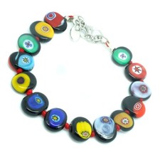 Murano Glass Bracelet Black Multi Silver Millefiori Venice Thin Beads