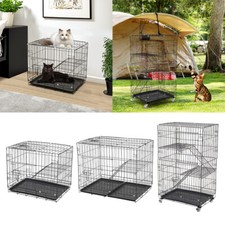 Folding Cat Cage Pet Kitten Cage Crate Training Carrier Metal Wire Cages & Tray