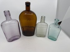 LOT OF 4 PRE PRO WHISKEY ANTIQUE BOTTLE FLASKS STRAP SIDE FOOTED WARRANTED