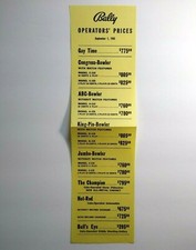Bally Operators Prices List Arcade Game & Bingo Pinball Sept 1 1955 Gay Time ABC