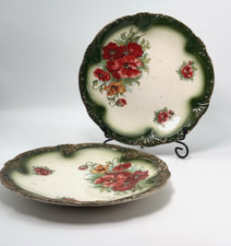 Antique Plates Two Porcelain Poppy Green Scalloped and Gold Sprayed Edge Floral