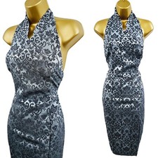 Vintage Karen Millen 10 UK Blue Jacquard Halterneck Oriental Wrap Pencil Dress