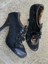 MISS L FIRE GOTHIC BLACK LEATHER LACE STEAMPUNK SPOOL HEEL SHOES BOOTS 40 7