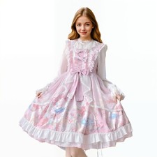 Sweet Lolita Cupcake Cat Print JSK Dress with Lace Ruffle Big Bow Kawaii Cosplay