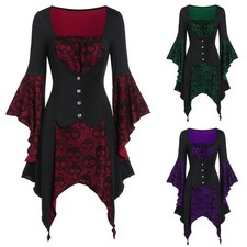Womens Steampunk Halloween Skull Tops Gothic Punk Victorian Party Dress Costume