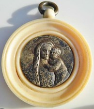Vintage Art Deco BAKELITE Celluloid Madonna & Child Medallion Religious Virgin