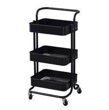 Metal Trolley on Wheels 3-Tier in Black Makeup Storage Shelves Cleaning Trolley