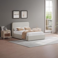 Beige Double Ottoman Bed Frame Upholstered  Hydraulic Gas Lift Linen Padded