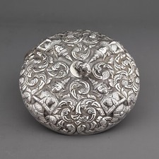 Antique Ornate Solid Sterling Silver Thai Thepanom Repousse Lidded Bowl.
