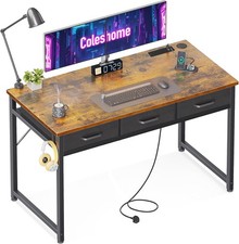Coleshome Computer Desk with Drawers, 120x48 cm Office Desk with Power Outlets,