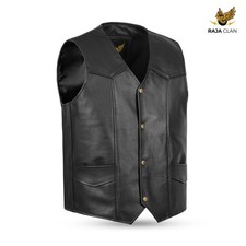 Men's Genuine Classic Black Real Leather Plain Waistcoat Motorcycle Biker Vest