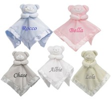 PERSONALISED BABY TAGGIE TAGGY COMFORTER BLANKET FLEECE SOFT SATIN BOY GIRL 