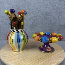 Vintage Mary Rose Young Pottery Crown Vase Lustered Stripe And Dish Signed 2004