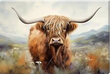 Highland Cow Grazing In The Scottish Highlands Canvas Wall Art Picture Gift 24" 