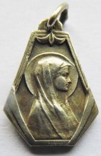 Art Deco Silver Holy Medal Blessed Virgin Mary Immaculate St. Bernadette Lourdes