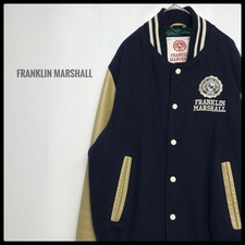 FRANKLIN MARSHALL Wool Stadium Jacket with Leather Sleeves Navy Embroidered Logo