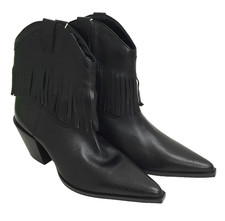 M&S Women's Western Ankle Boots Size 6 Black Leather Upper Fringed Shaft New