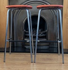 Pair Vintage 1960s Chrome Kitchen Bar Stools Vinyl Seats Retro Mid-Century Rare