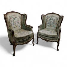French pair wingback armchairs - antique style fireside reading chairs