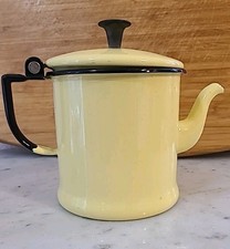 Vintage Small Enamelware 2 Cup Coffee Pot Yellow/ Black Hinged Lid Reenactment 
