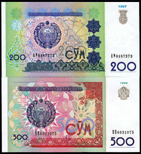 UZBEKISTAN 200, 500 SOM (P80, 81) 1997, 1999 SET OF 2 NOTES UNC