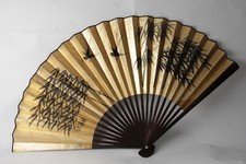 Large vintage Chinese hand painted fan bamboo and birds Republic period signed