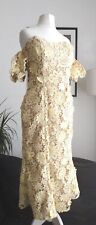 8, Yellow Beige Over Cutwork Floral Lace Bardot Midi Dress, JARLO, Rrp £120