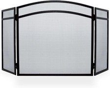 Folding 3 Panel Decorative Fire Screen with Black Steel Mesh