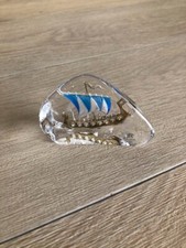 Mats Jonasson Blue Viking Ship Paperweight Sweden Crystal Art Glass