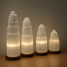 Selenite Tower Lamp Crystal Light  ON/OFF Switch Healing Decor - Various Sizes