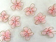 88pc Pink w/Gold Border Flower Fabric Applique / Embellishment Bows Craft RUF-C
