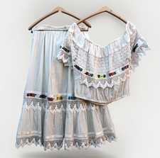 Handmade Oaxacan Mexican Outfit Embroidered Lace Off Shoulder Skirt Top Boho XL