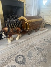 Vintage Porcelain Shire Horse Pulling Wooden Cart with Barrels