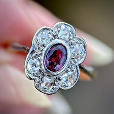 18ct Gold Plat Antique Edwardian Old Cut Diamond & Ruby Daisy Cluster Ring