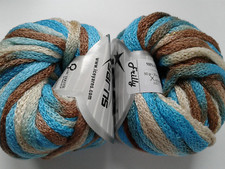 2x50g Textured Frilly/Ruffle Lurex Yarn, Beige/Cream/Turquoise, Knit/Crochet