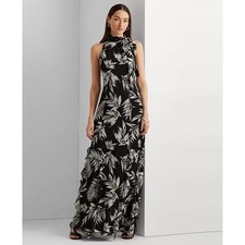 Lauren Ralph Lauren Botanical Georgette Maxi Dress Gown Black White 12 Event