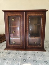 Vintage Wood Miniature Display Curio Trinket Cabinet beveled edge glass with key