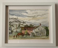 VINTAGE WATERCOLOUR PAINTING COUNTRYSIDE COTTAGE HORSES FIELDS TREES ERIC VERNON